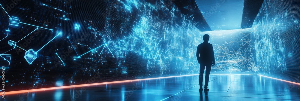 Aufkleber a professional in a futuristic environment interacts with floating holographic data and neural netwo