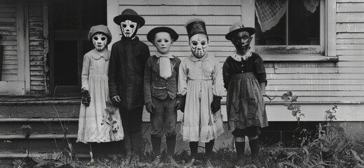 Old lost vintage photo of children in costumes standing outside a house, all wearing white masks with black eyes strange and mysterious historic photographs. Sepia tones horror Halloween scene