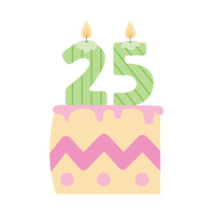 Birthday anniversary slice of cake with twenty five shaped candles isolated on white background