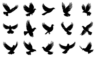 Fototapeta premium Silhouettes of doves in flight black icons set. Pigeon birds fly with wings wide open. Peace symbol. Feathered animal in the wild decorative design element. Simple black and white flat style isolate