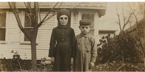 Old lost vintage photo of children in costumes standing outside a house, all wearing white masks with black eyes strange and mysterious historic photographs. Sepia tones horror Halloween scene