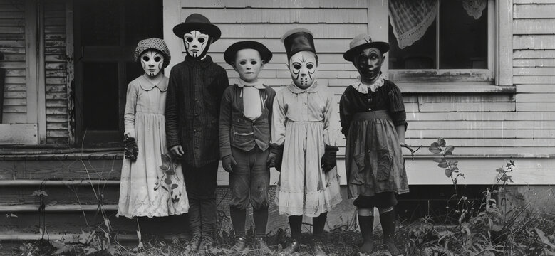 Old lost vintage photo of children in costumes standing outside a house, all wearing white masks with black eyes strange and mysterious historic photographs. Sepia tones horror Halloween scene