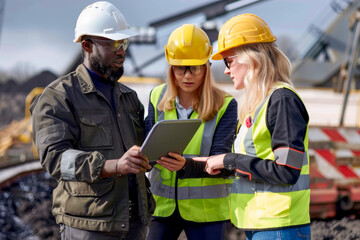 Construction workers wearing safety helmets and vests, discussing project details using a tablet at an outdoor industrial site