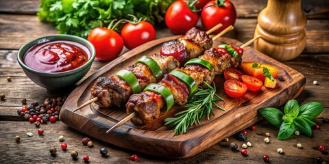 Savory grilled kebapi skewers accompanied by fresh vegetables and a zesty sauce, artistically arranged on a rustic wooden board for a delightful dining experience.