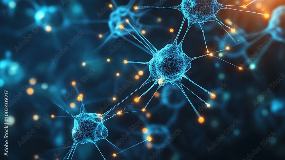 Poster 3d rendered illustration of a neuron network with glowing synapses.