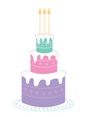 Large three-tier cake for Happy Birthday party vector flat illustration