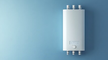 A white water heater with a digital display and a knob on a light blue wall.