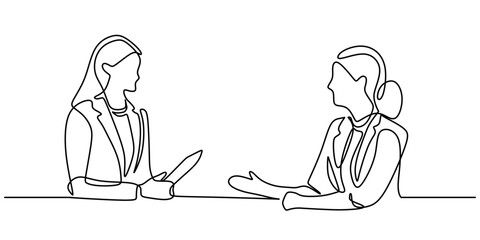 One line drawing of two women discussing or interviewing. Captures collaboration and conversation.