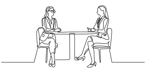 One line drawing of two women in a thoughtful discussion. Highlights the importance of communication.