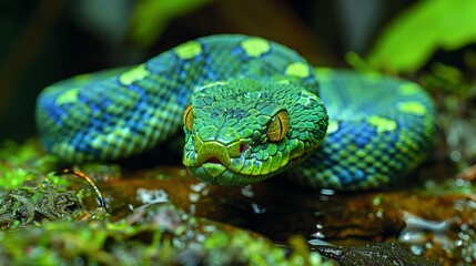 Fototapeta premium Colorful Green Tree Python Resting Near Water in a Vibrant Rainforest Setting