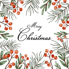 A festive Merry Christmas greeting card surrounded by beautiful watercolor sprigs and berries