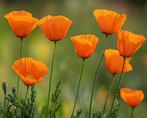 Obraz premium Orange California Poppys Blossoming in Spring Field with Native Grass