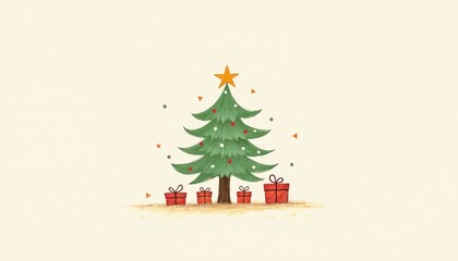 Hand-drawn Christmas tree with gifts and star for festive holiday decoration concept, Christmas illustration background, postcard, copy space