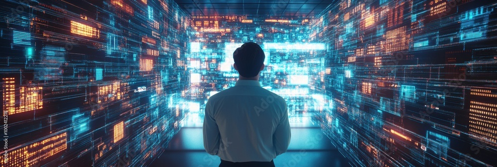 Poster cybersecurity expert analyzes glowing encrypted codes in a virtual data space at night. generative a