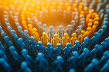 Obraz premium A large group of stylized figures stands close together, forming a dynamic arrangement with blue and orange colors, symbolizing teamwork and community engagement.
