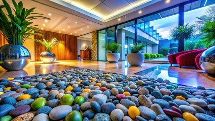 Sophisticated pebble interior featuring natural stone accents exudes contemporary elegance, blending modern aesthetics with nature-inspired designs for a stunning and harmonious living space.