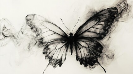 Fototapeta premium A monochrome photograph captures a butterfly with its wings fully extended behind its body and partially open to the sides