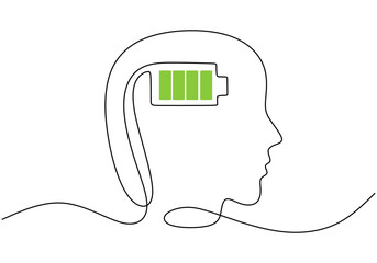 Obraz premium Minimalist One Line Drawing of a Battery Symbol Inside a Head, Depicting Energy and Mental Capacity.