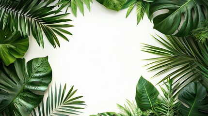 A frame of lush green tropical leaves on a white background.