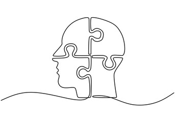 Minimalist One Line Drawing of a Head Shaped Like a Puzzle, Depicting Complexity of the Mind.