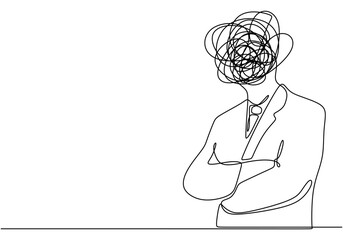 One Line Drawing of a Man with Arms Crossed and a Troubled Face, Depicting Stress or Frustration.