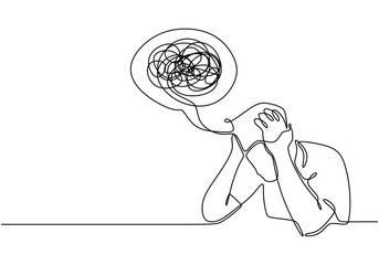 Clean One Line Drawing of a Man with a Headache, Representing Mental Strain Simply.