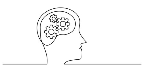 One Line Drawing of a Gear Symbol Inside a Head, Representing Thinking and Productivity.