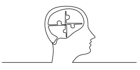 One Line Drawing of a Puzzle Symbol Inside a Head, Illustrating Complexity of Thought Simply.