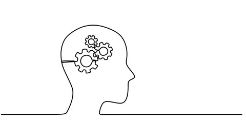 Minimalist One Line Drawing of a Gear Inside a Head, Depicting Cognitive Function.