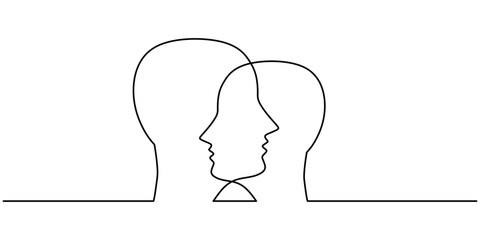 One Line Drawing of Two Heads Meeting and Intersecting, Representing Communication and Understanding Simply.