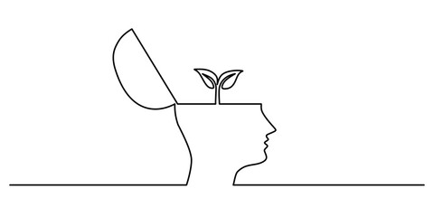 One Line Drawing of an Open Head with a Plant Growing, Symbolizing Growth and Mental Health.