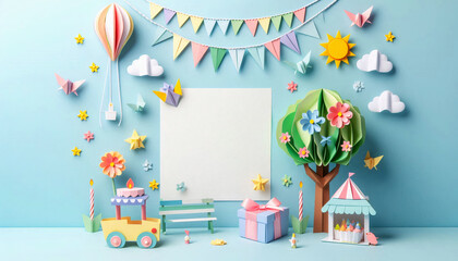 A playful children's birthday-themed paper art scene featuring balloons, gifts, and whimsical decorations in soft pastel colors