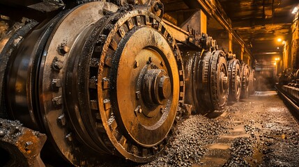 massive machines grinding and crushing iron ore into smaller pieces. The equipment is rugged, covered in dust and ore residue, set in a dimly lit workshop environment.