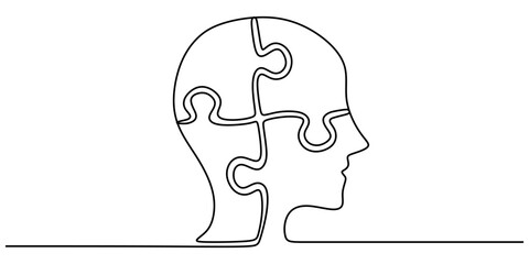 Minimalist One Line Drawing of a Head Shaped Like a Puzzle, Depicting Mental Complexity.