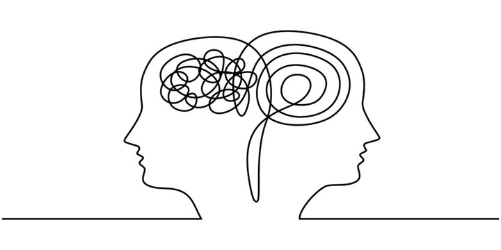 Minimalist One Line Drawing of Two Heads Feeling Dizzy, Representing Confusion or Stress.