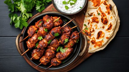 Fototapeta premium A vibrant platter showcases grilled chicken skewers paired with rich Indian tomato sauce, creamy raita, and warm naan bread, beautifully arranged from above