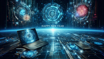 A high-tech New Year's greeting with futuristic digital elements, holograms, and laptops creating a virtual celebration atmosphere