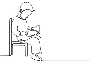 Minimalist One Line Drawing of a Child Reading, Depicting Learning and Concentration.