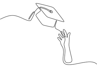 Simple One Line Drawing of a Hand Throwing a Graduation Cap, Representing Celebration of Success.
