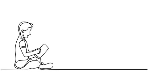 Clean One Line Drawing of a Child Reading a Book, Depicting Learning and Imagination.