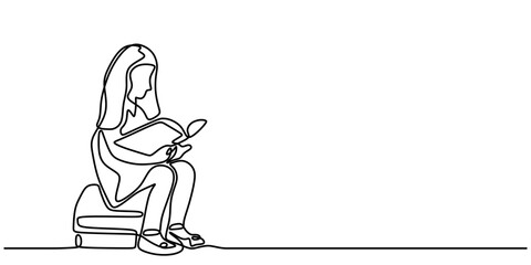 Minimalist One Line Drawing of a Woman with a Book, Representing Reading and Focus.