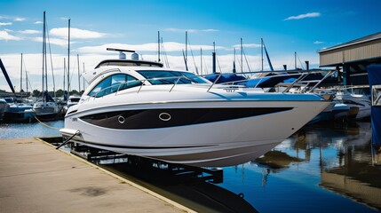 Fototapeta premium Luxurious motorboat docked at a marina under a bright blue sky during the day