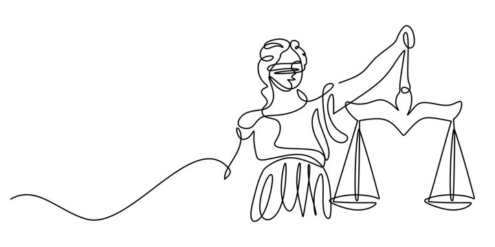 One Line Drawing of a Woman Holding a Justice Scale, Themis Statue Concept Depicting Fairness.