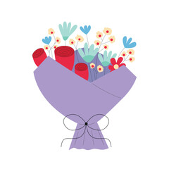 Floral bouquet in wrapping paper with bow vector flat illustration
