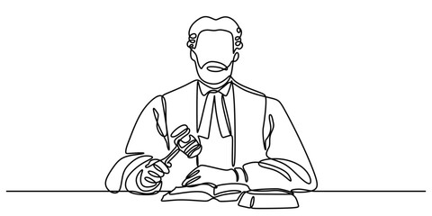 One Line Drawing of a Judge Holding a Gavel, Showcasing Judicial Authority Minimally.
