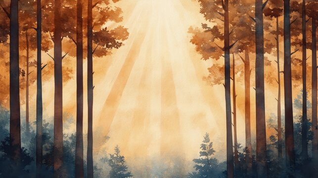 Captivating forest scene with a winding path lit by radiant divine sunbeams casting a warm ethereal glow amidst the autumn tinted trees and foliage  A serene