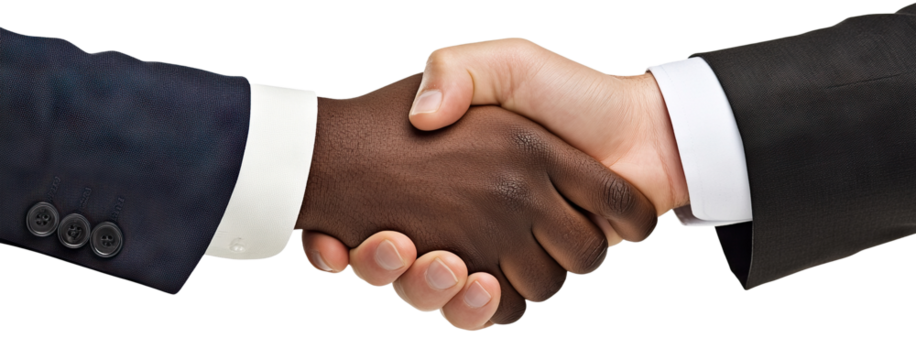 Business handshake between two men of different ethnicities, isolated on transparent cutout background