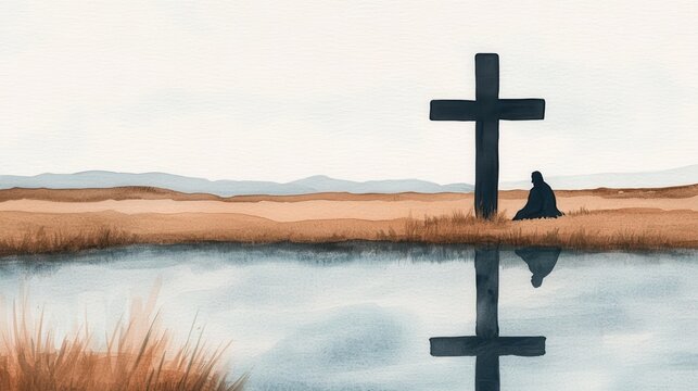Serene landscape depicting a cross reflected in a still peaceful pond  A solitary figure sits nearby suggesting a spiritual or devotional moment in a natural watercolor style setting