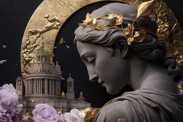 Art Nouveau. Ancient greek goddess sculpture looking down with st paul's cathedral in background