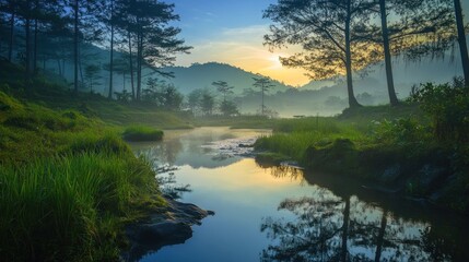 Fototapeta premium Serene Morning Mist Over a Tranquil River in the Forest